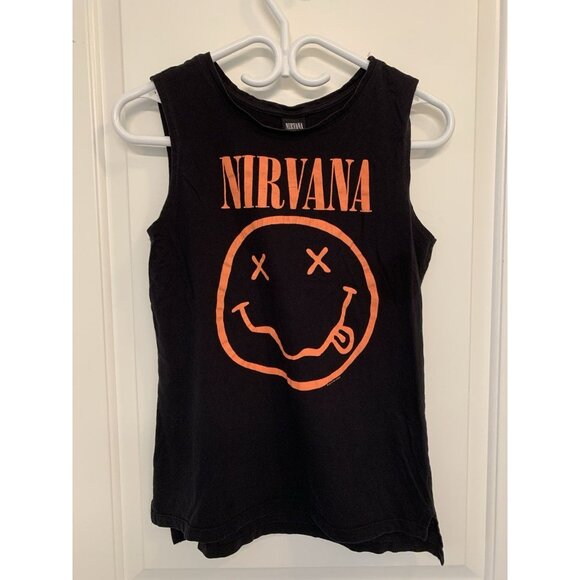 Nirvana Tank Orange Smiley Graphic Women’s Medium Black Grunge Punk Alt Rock - Picture 1 of 8